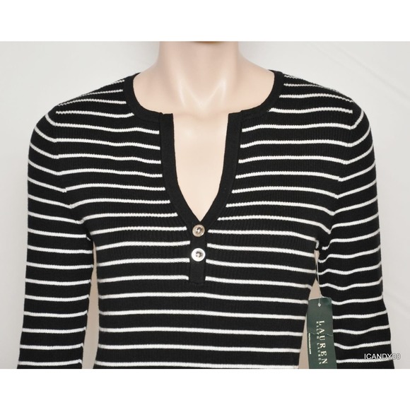 Lauren by Ralph Lauren KERWYN Striped Cotton Henley Sweater Black M/L Nwt $89 - Picture 2 of 5